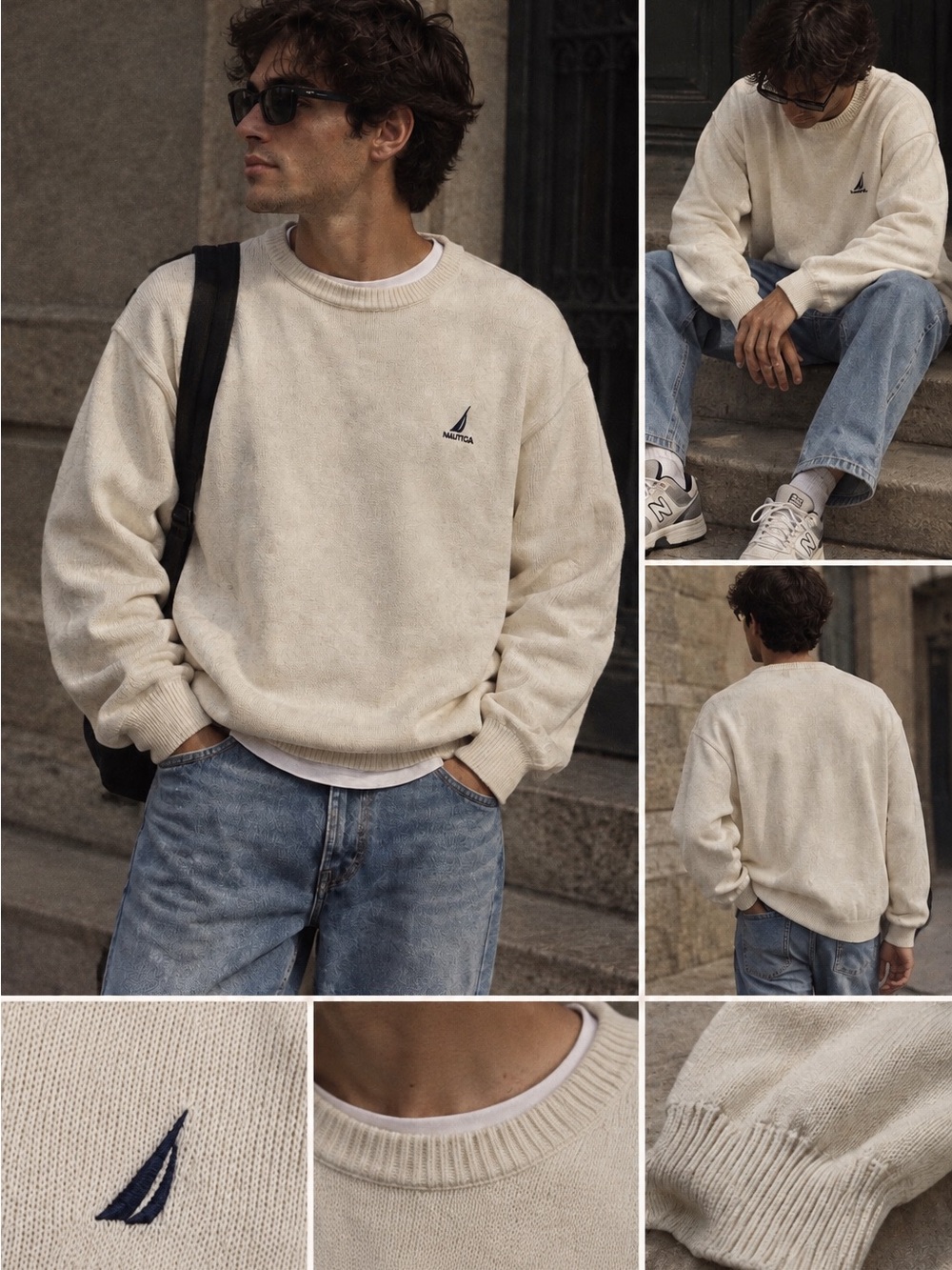 Nautica Men's Cream Cotton Crewneck Sweater Vintage Style Size L